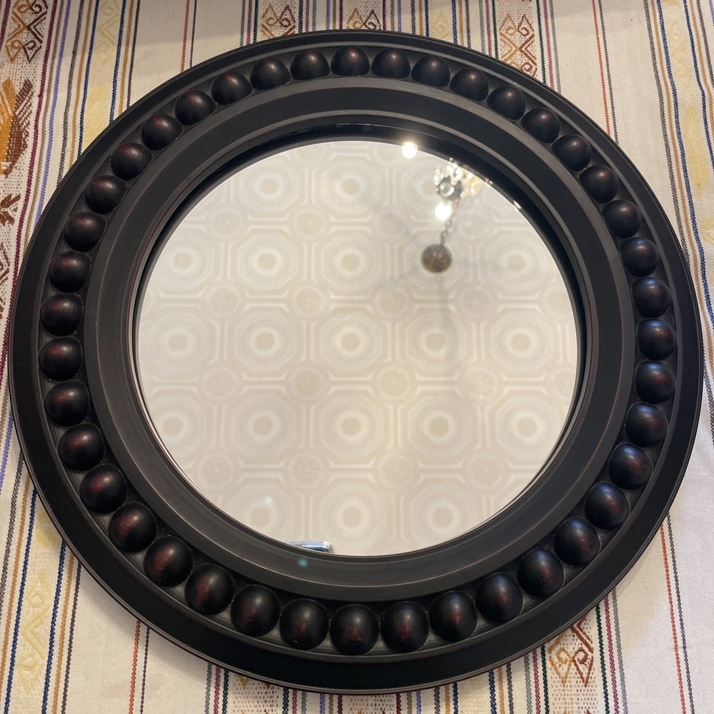 Circular Framed Mirror 14" Dark Brown Faux Wood Textured‎ Surface